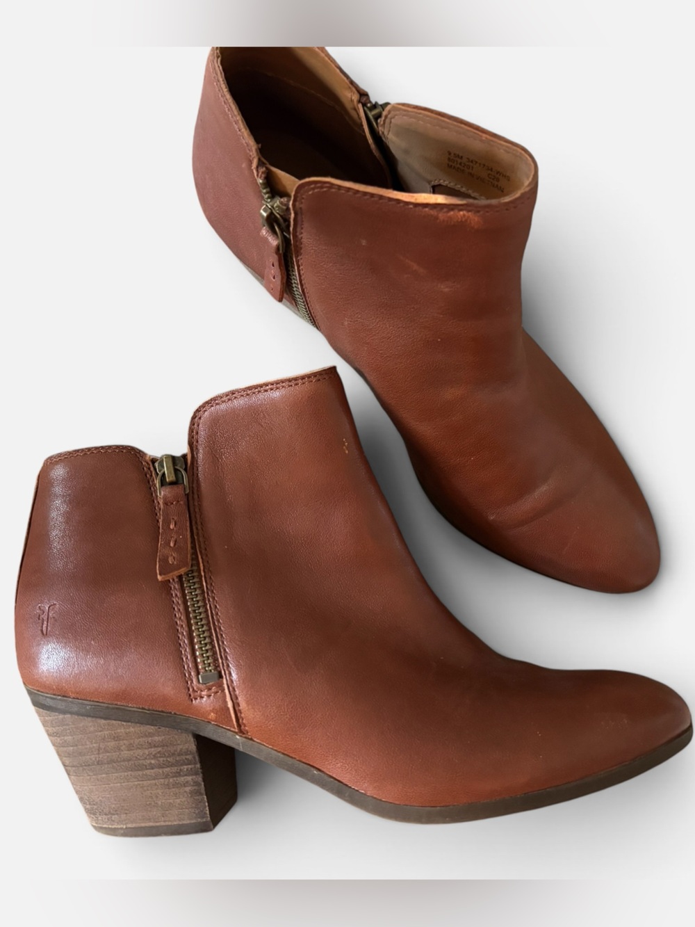 Frye Judith Double Zip Cognac Leather Ankle Boots Cowgirl Career Size 9.5